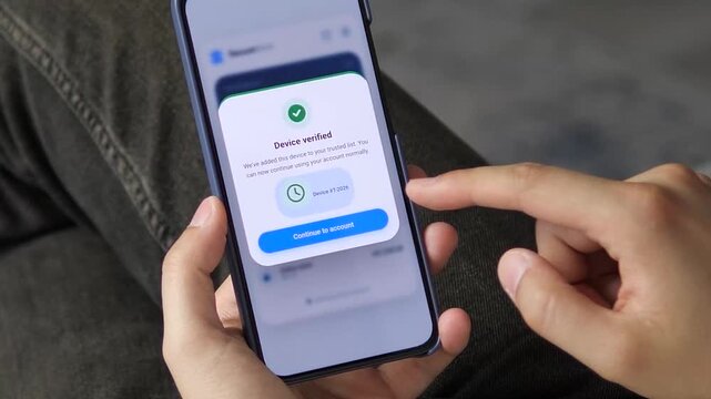 User reviews a mobile banking account, receives a new sign-in alert and verifies the device, capturing the rising demand for digital security, fraud prevention and trusted fintech access.