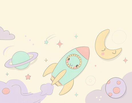 Kawaii doodle rocket flying in pastel space with smiling moon, planets and stars