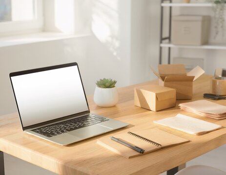Sunlit desk holds laptop, notebooks, and cardboard boxes