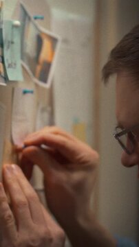 A bespectacled individual arranges colorful sticky notes on a wall organizer in a home office during the evening, forming a visual planner that lists goals and tasks to keep objectives on track
