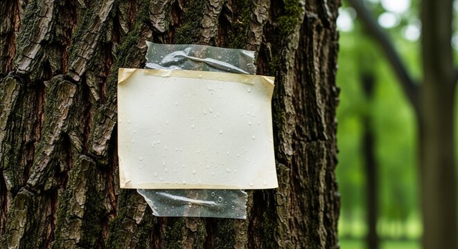 Blank white paper note taped on green tree trunk