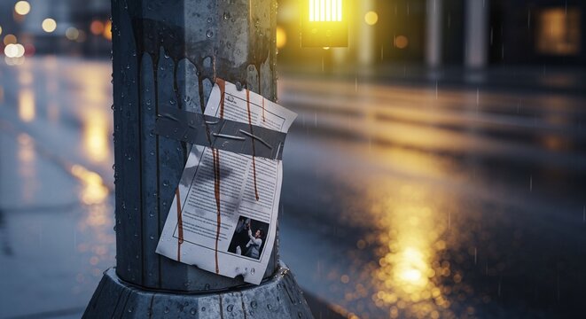 Paper notice flyer attached to pole on street in rain