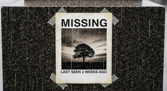 A missing poster with a photo of a tree taped to a concrete wall in the rain.