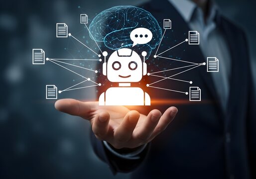 Businessman holding a digital chatbot interface with document icons and brain representation
