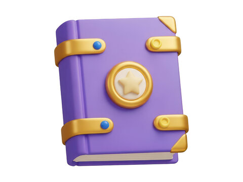Purple magic spell book with golden star symbol and buckles isolated on transparent background