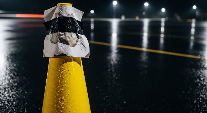Yellow safety cone on wet city pavement with night light bokeh