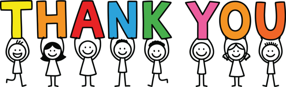 Happy stick figure children holding colorful letters to spell out the words thank you on a white background