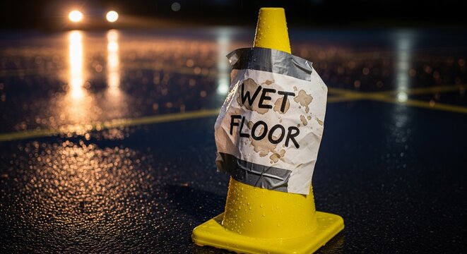 Yellow traffic cone with wet floor sign on rain wet street at night