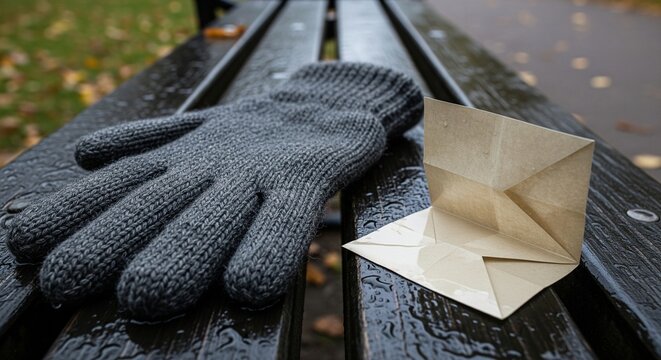 Grey knitted glove and paper on wet wooden park bench