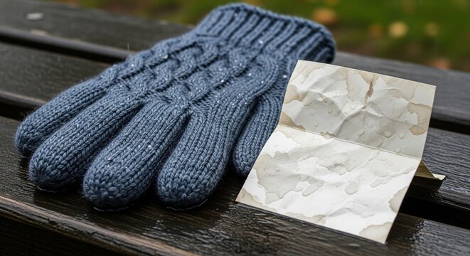 Blue knitted winter glove and crumpled paper on wooden bench