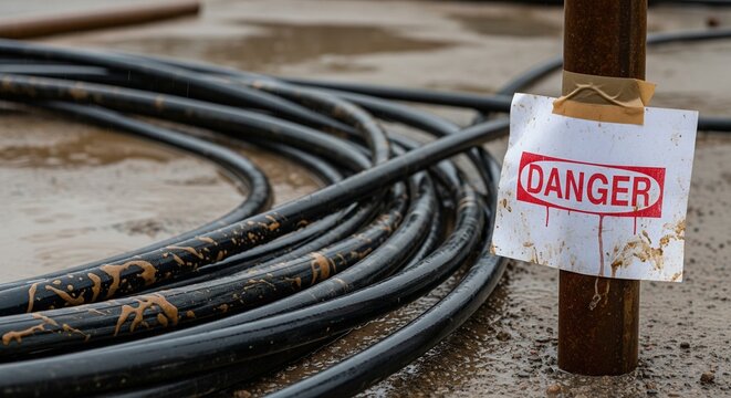 Coiled heavy duty cables on wet ground at construction site