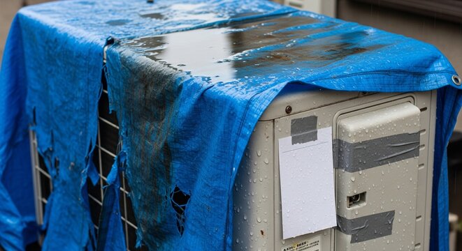 Blue plastic tarp covering object outdoors on rainy day