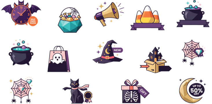 Creative Halloween retail promotion collection featuring shopping, sale, discount, gifts and seasonal marketing graphics Vector Illustration
