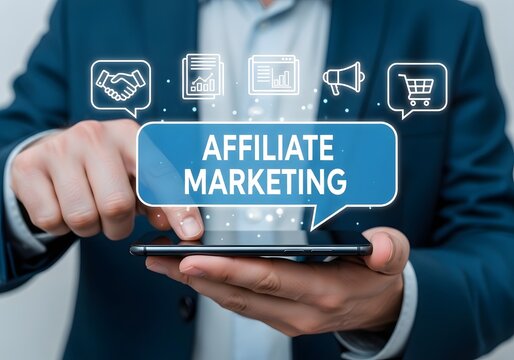 Businessman using a smartphone with affiliate marketing icons and digital marketing strategy
