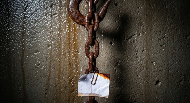 Old heavy iron chain hanging on a grunge concrete wall