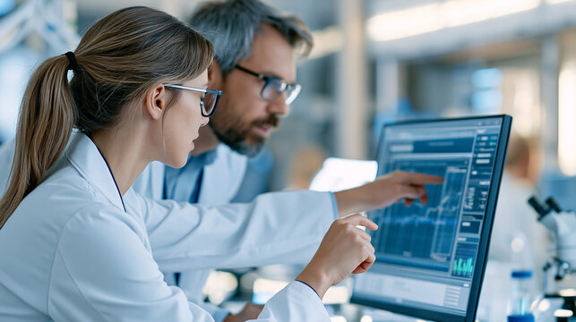 Over the shoulder view of faceless researchers reviewing battery electrode material data on screen, energy materials research concept, defocused laboratory background, with copy