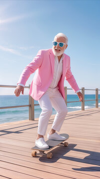 Senior man in pink blazer riding skateboard on coastal boardwalk. Active retirement lifestyle and fashion concept.