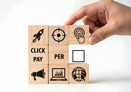Hand placing wooden block with click icon to complete pay per click marketing strategy concept
