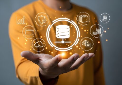 Person holding a glowing server icon surrounded by cloud and data management technology