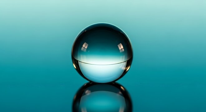 Clear Glass Sphere Reflecting Light on Teal Surface