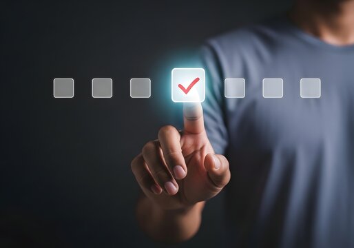 Person interacting with a digital survey interface by selecting a checkbox with a finger