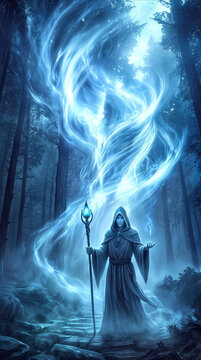 Cloaked wizard summoning ethereal blue energy in misty nocturnal forest. Sorcerer holding magic staff and channeling spiritual light in dark woodland.