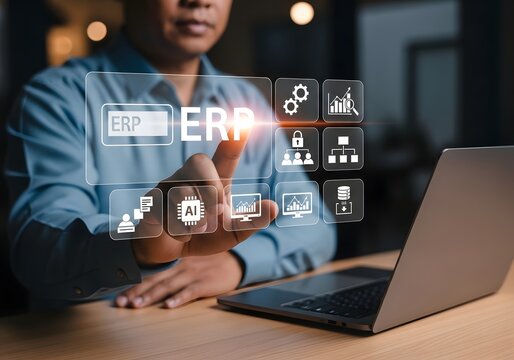 Professional using an erp software interface with holographic icons for business management