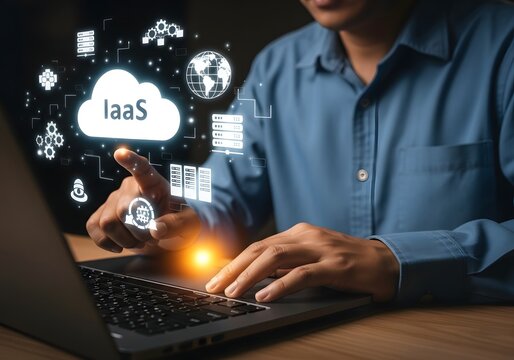 Professional using laptop with cloud computing iaas interface for digital infrastructure