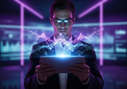 Professional man in suit using a digital tablet with holographic data visualization in a futuristic office environment