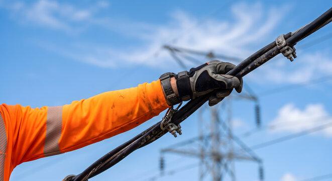 Electric utility worker hand holding high voltage power line for maintenance job.