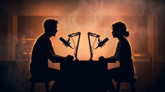 Two Podcasters Silhouette Interviewing in Warm Lighting Studio