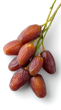 A bunch of fresh dates with green stems on white background
