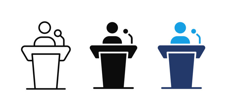Premium Public Speaking Podium Icon Set, Presentation, Speaker, Conference, Business Meeting, Speech, Lecture, Seminar, Editable Vector