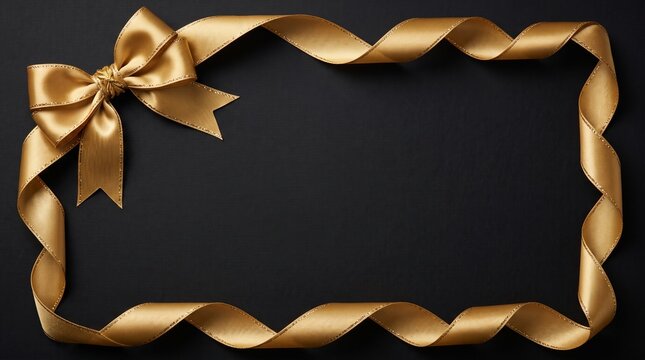 Elegant gold ribbon forms a decorative border with a bow on a dark background, perfect for invitations and gift cards
