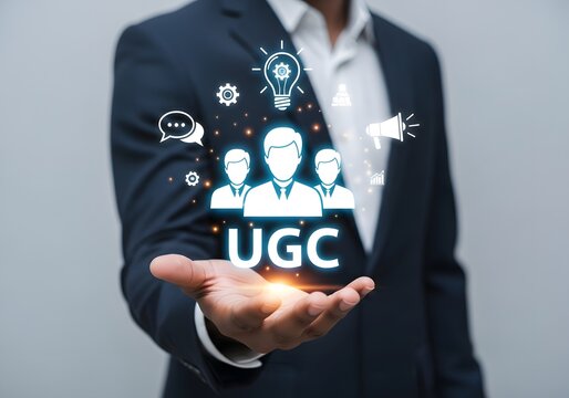 Businessman presenting a digital user generated content concept with holographic icons