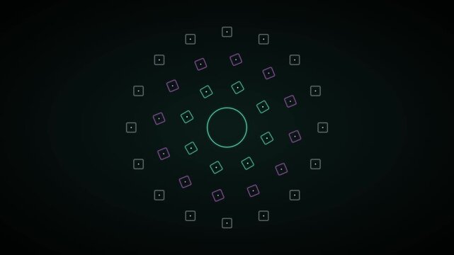 Abstract geometric neon circle animation with pulsing squares and glowing digital patterns for modern tech backgrounds 4k