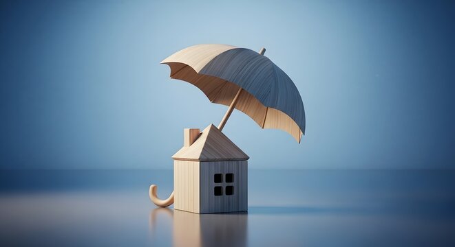 A small wooden house model protected by an umbrella representing home insurance concept.