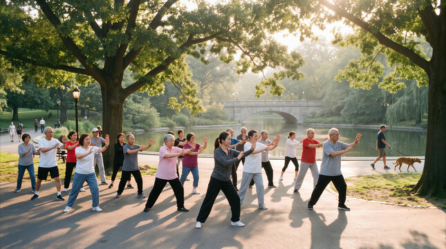 Diverse group of people practicing tai chi in public park during sunrise. Senior and adult practitioners performing synchronized martial arts movements near lake and stone bridge.