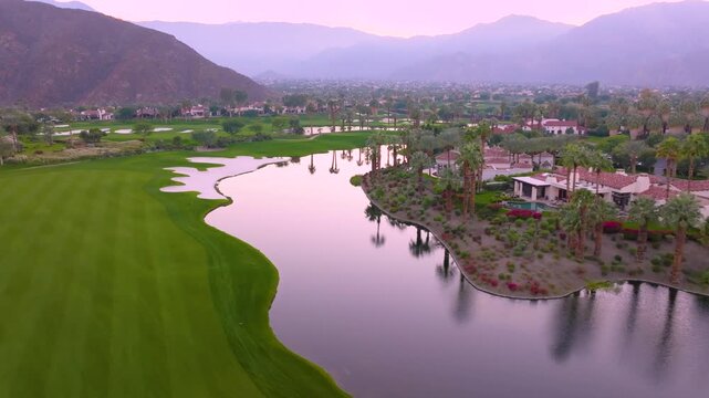 Aerial Drone View of La Quinta Golf Course at Dusk, California, United States