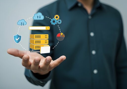 Hand holding virtual server and cloud computing icons for data storage and network security