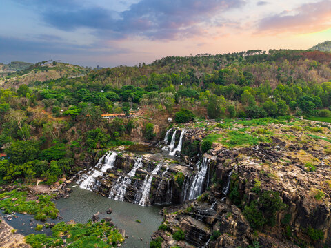 Aerial view panorama Pongour waterfall terraces Da Lat city, Vietnam.