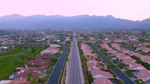 Aerial Drone View of La Quinta Suburbs and Mountains, California, United States