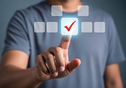 Man interacting with a digital touchscreen interface to select a red checkmark approval icon
