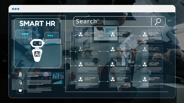 Explore a modern HR technology interface showcasing artificial intelligence for recruitment and employee management, emphasizing efficiency and user-friendly design. Raster