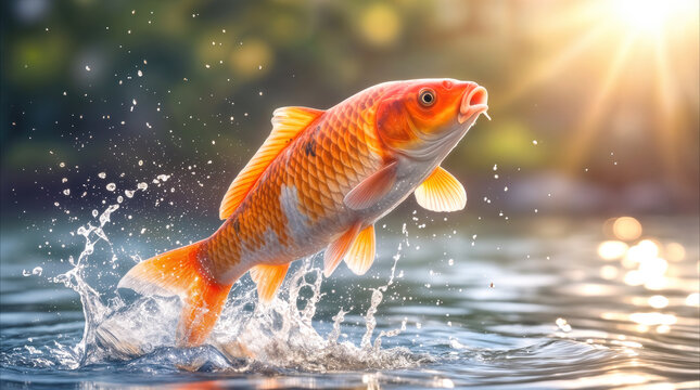 Vibrant koi fish jumping out of water in garden pond. Cyprinus carpio leaping during sunny day in tranquil outdoor setting.