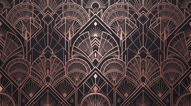 Art Deco geometric pattern in rose gold and black, vintage 1920s Gatsby style background, elegant metallic copper fan texture for luxury branding