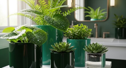 Fototapeta premium Indoor Potted Plants Adorned With Water Droplets In A Modern Bathroom