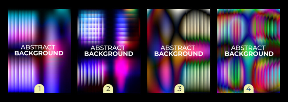 Holographic gradient abstract background set, 4 iridescent vaporwave poster templates, futuristic neon blurred mesh vector illustrations