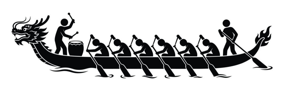 Dragon boat race with paddlers and drummer in rhythmic motion during competition
