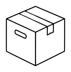 Isometric hand-drawn vector illustration of a sealed cardboard moving box icon with packing tape, carrying handle slot, and shipping label flap on minimalist white background